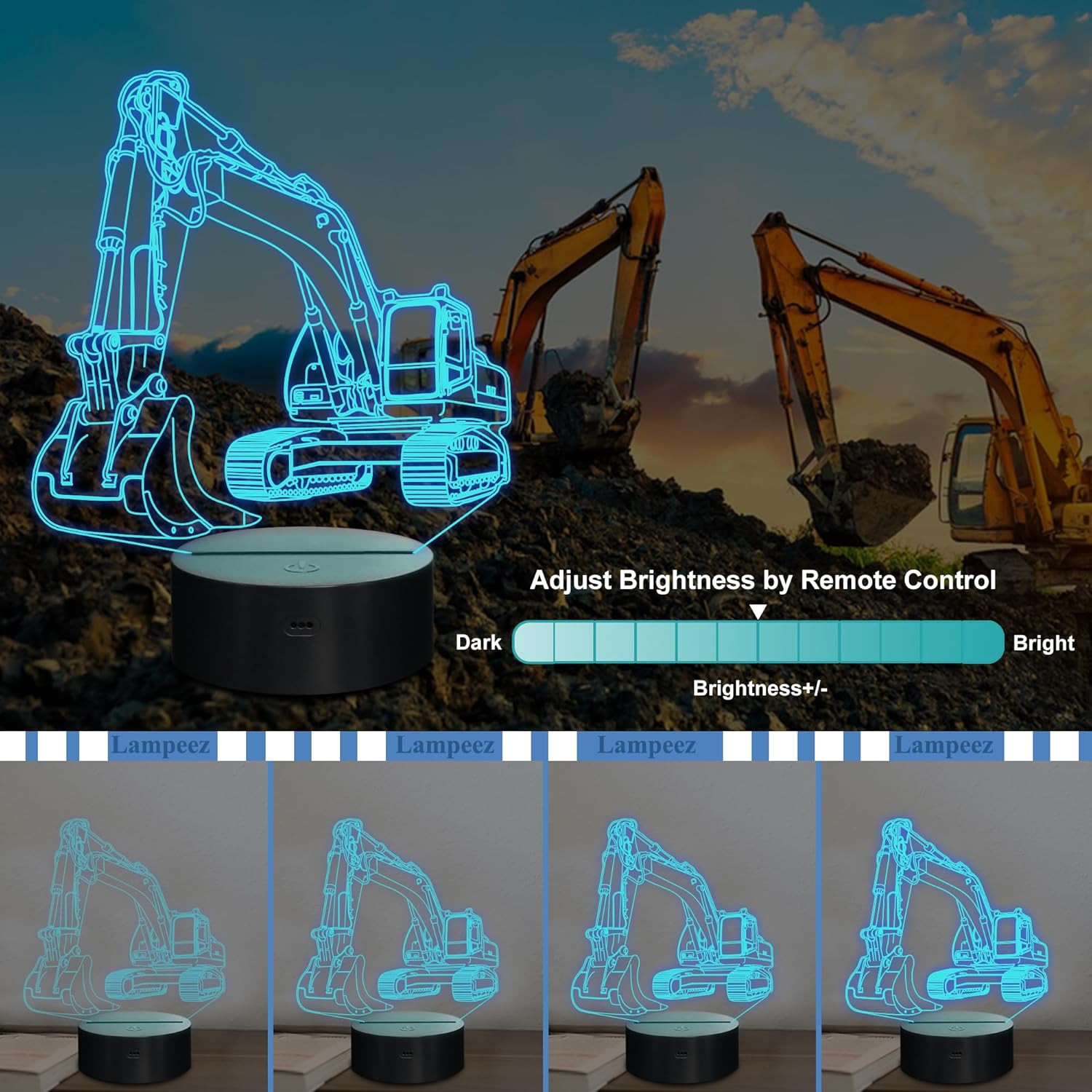 YSITIANNA 3D Car Lamp Night Light 3D Illusion lamp for Kids,Car,Truck,Tractor,Excavator,16 Colors Changing with Remote,Dimmable(4 Patterns) Kids Bedroom Decor Car Gifts for Boys Girls STNL#2405