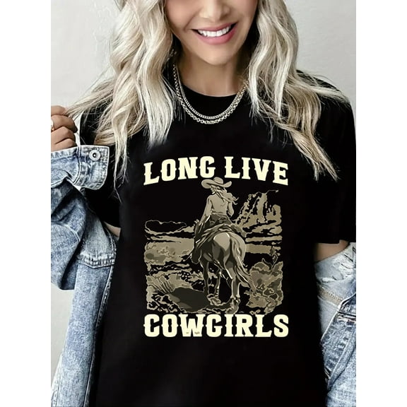 Crewneck Tshirt Long Live Cowgirls Print Short Sleeve Shirt for Women