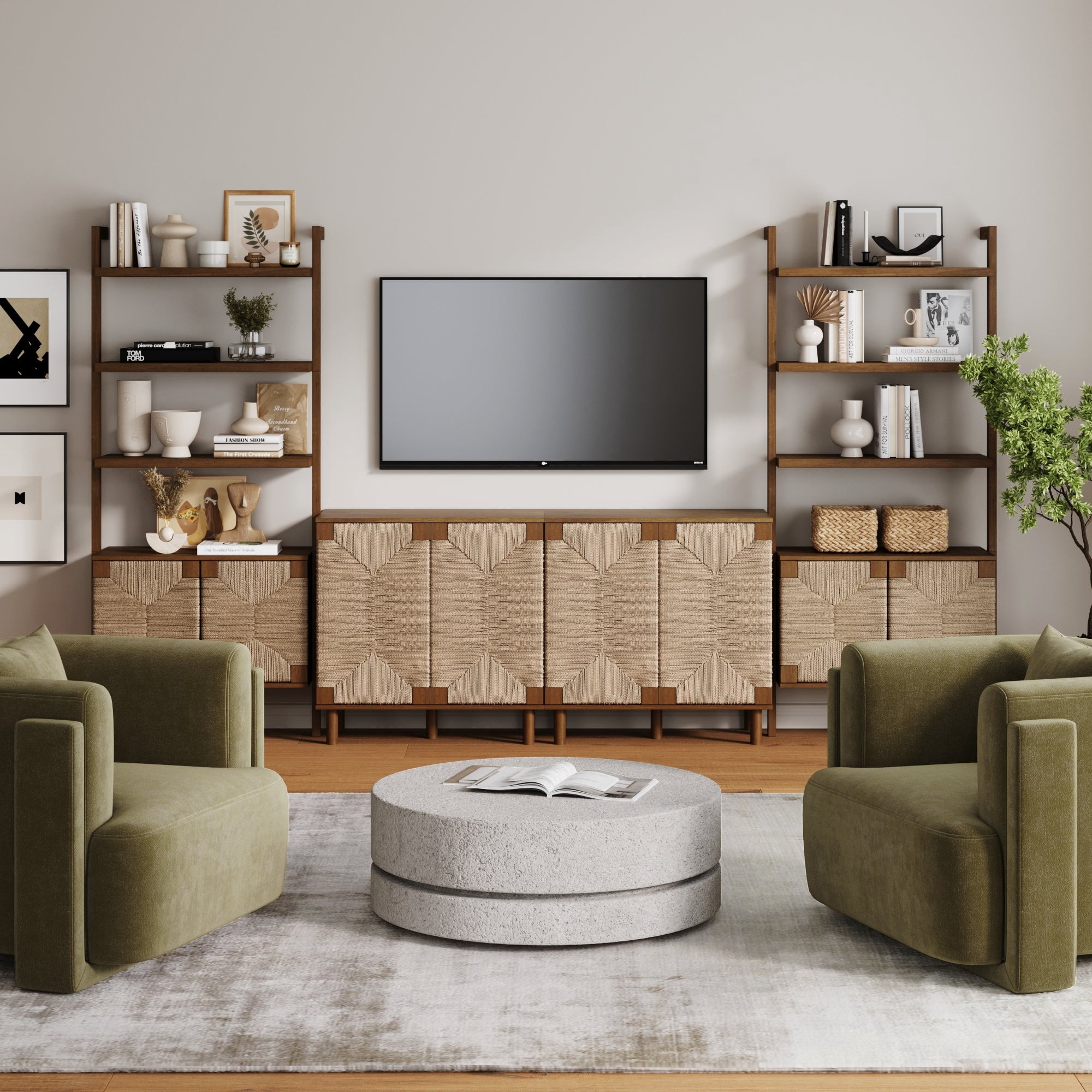 Nathan James Beacon 3-Shelf Bookcase with Seagrass Cabinet, Solid Wood Bookshelf with Storage with Solid Wood Frame, Seagrass/Dark Brown