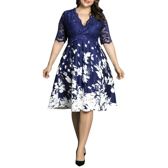 Orqqct Women Plus Size Floral Print Lace Stitching V-Neck Short Sleeve Swing Dress