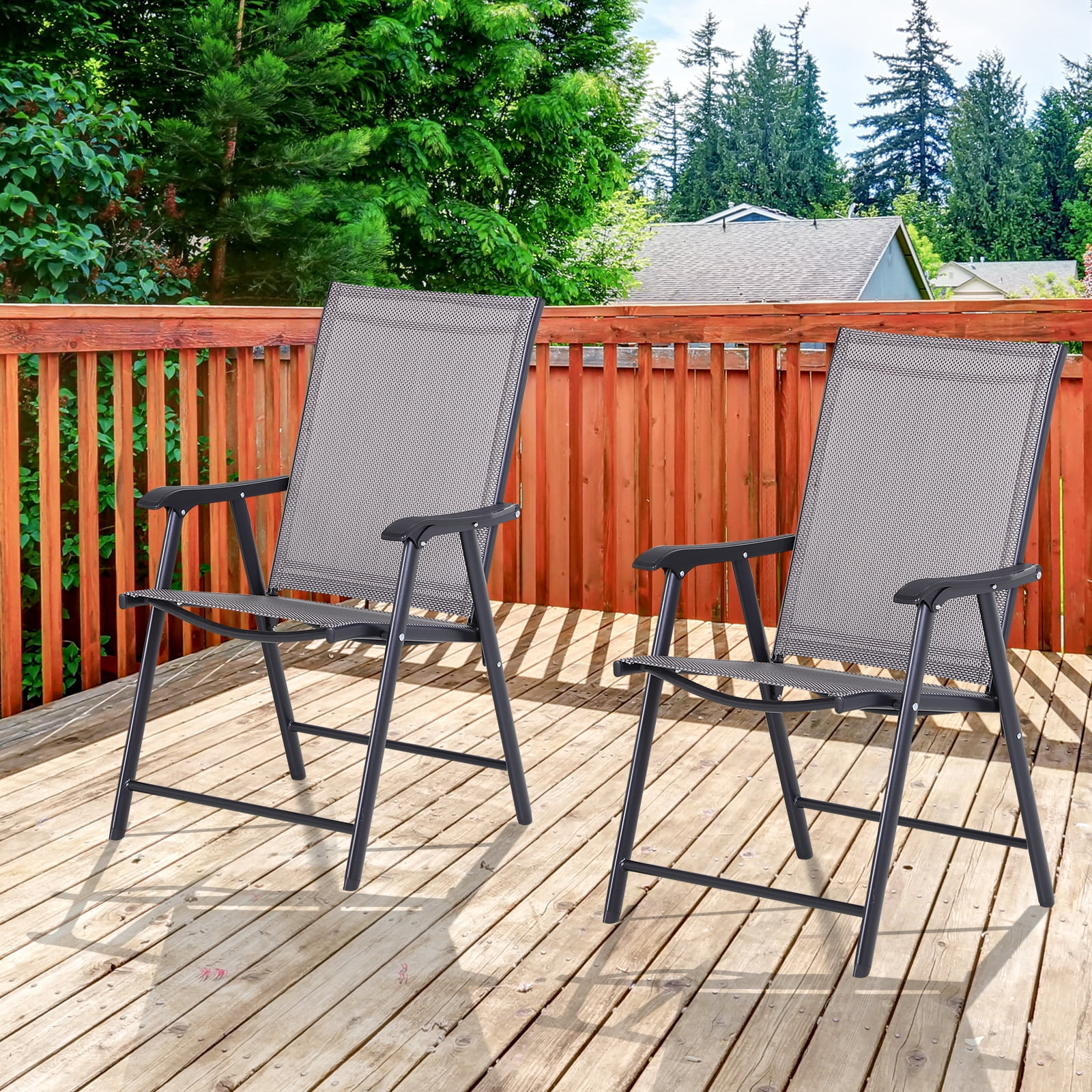 Set of 2 Patio Folding Chairs, Stackable Outdoor Sling Patio Dining Chairs with Armrests for Lawn, Camping, Dining, Beach, Metal Frame, No Assembly, Gray