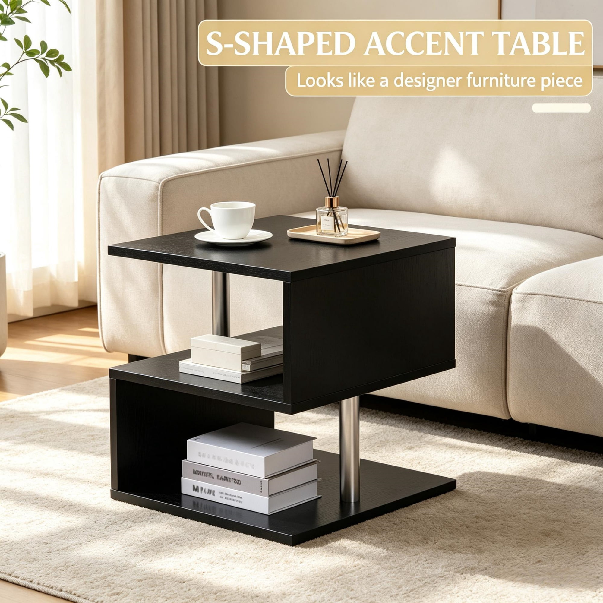 20" S-Shaped End Table with Storage Shelf & Steel Poles, Sleek Black Accent Side Table for Living Room