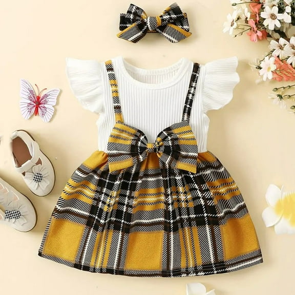 Hwmodou Baby Girl Clothes Baby Clothing Girls Plaid Spring Summer Fall Bowknot Short Sleeve Princess Dress Clothes Vintage-Inspired Outfits