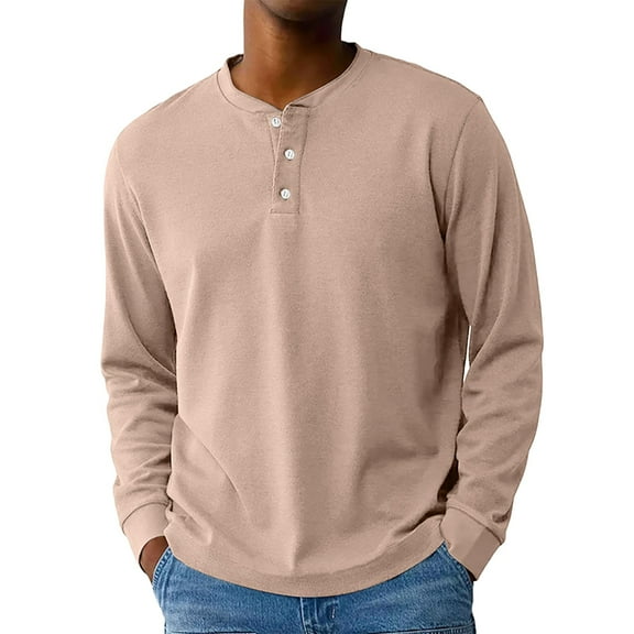 Fabrcox Henley Men's T-Shirts M- 3xl Slim Fit Crewneck Long Sleeve Casual T-Shirts Soft Basic Solid Color Tops Rose Gold M