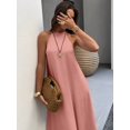 thumbnail image 5 of Pink Sleeveless Linen Halter A-Line Maxi Dress, Casual Vacation Elegant Plus Size, 5 of 6