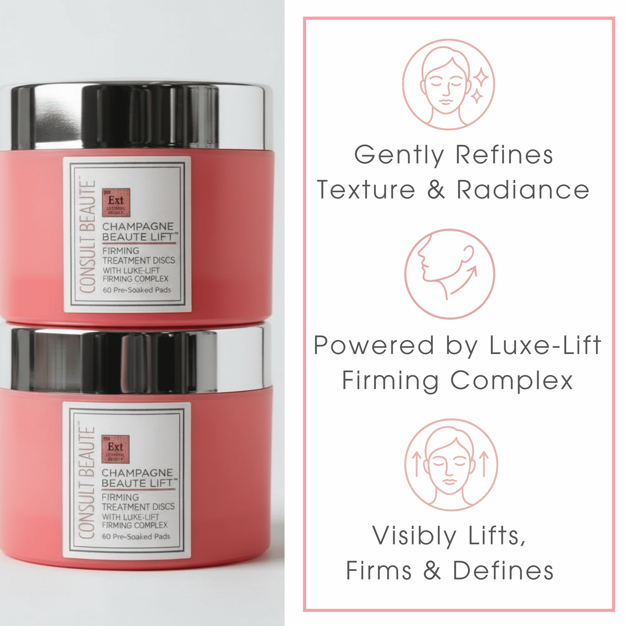 Consult Beaute - Champagne Lift Face Firming Treatment Pads - Rejuvenate Sagging Skin - Exfoliates and Smoothes Lines Wrinkles - Peptides, Glycolic Acid, Caviar Extract - Pre-Soaked Disc - 60 Count