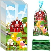 100 Pieces Farm Animal Cellophane Bags Farmhouse Party Treat Bag Cow Sheep Pig Printed Candy Goodie Bags with 100 Twist Ties for Birthday Baby Shower Party Favors Chocolate Snacks Cookies Packaging