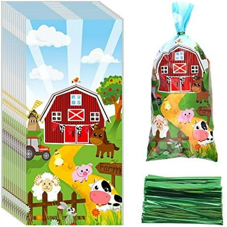 100 Pieces Farm Animal Cellophane Bags Farmhouse Party Treat Bag Cow Sheep Pig Printed Candy Goodie Bags with 100 Twist Ties for Birthday Baby Shower Party Favors Chocolate Snacks Cookies Packaging