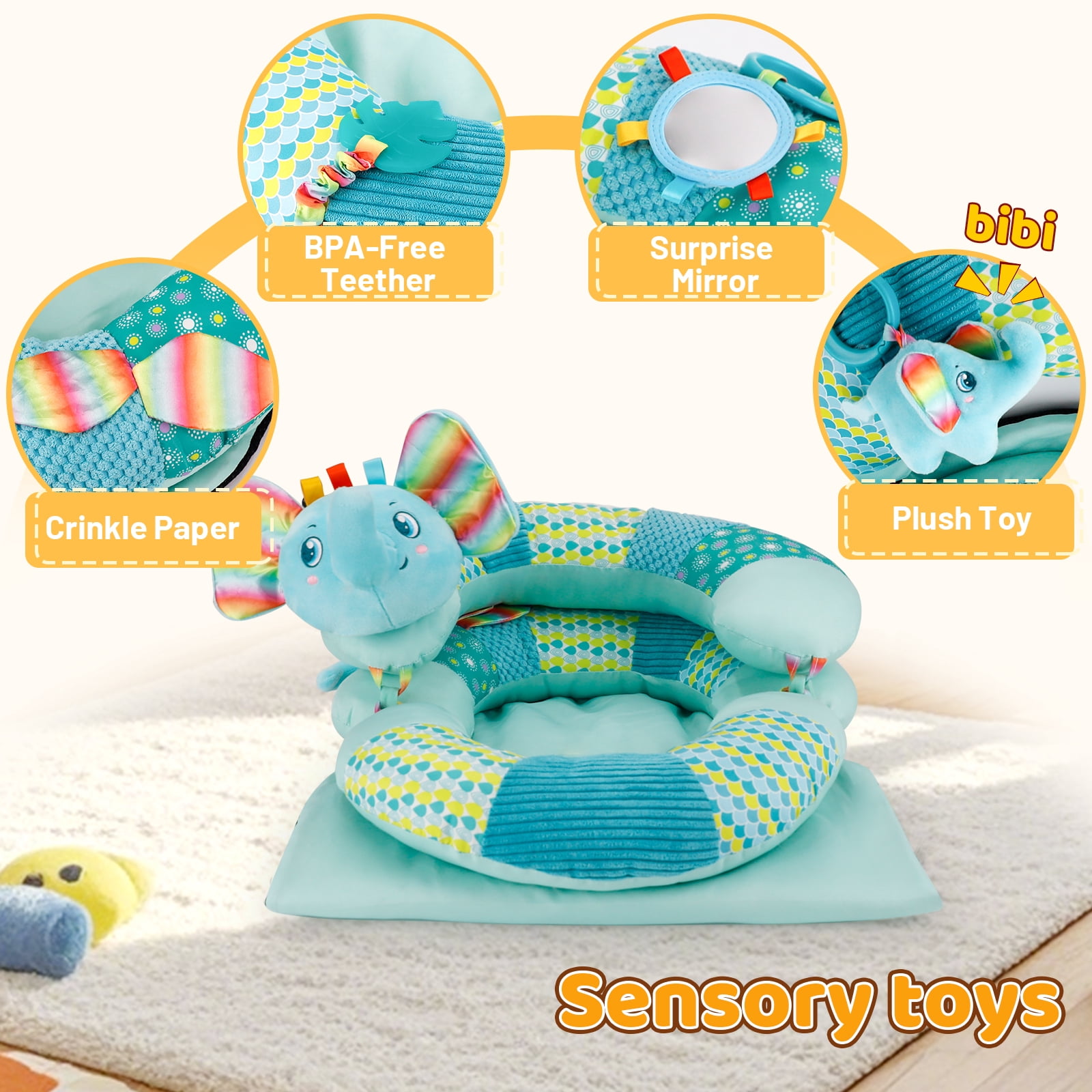 Blublu Park Sit Me Up Floor Seat with Detachable Support Pillow for Infant, 3-in-1 Tummy Time Mat and Baby Lounger to Prevent Reflux, Portable Playmat for Newborn Boys and Girls (Blue)