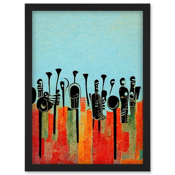 Modern Abstract Surreal Marching Band Musical Trumpets Painting Artwork Framed Wall Art Print A4