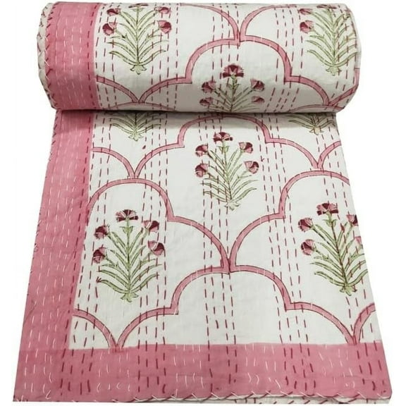 Boho White Hand Block Print Cotton Kantha Quilt, Twin Size - Vintage, Throw Bedspread