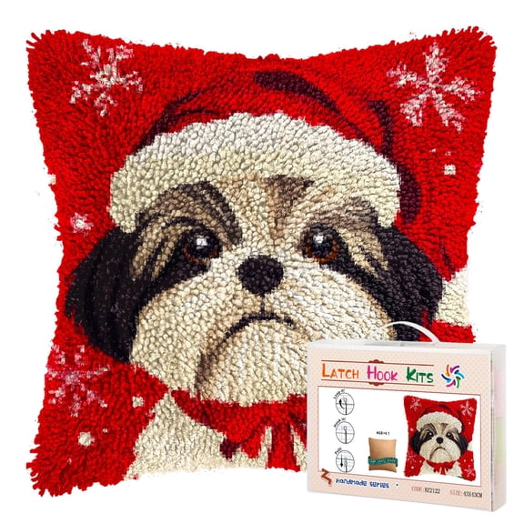 DIY Latch Hook Pillow Kits for Adults Merry Christmas Shih Tzu Dog Pillow Cover Printed Pillowcase Crochet Yarns Hooking Handmade Cushion for Home Sofa Decoration 17x17inch(10)
