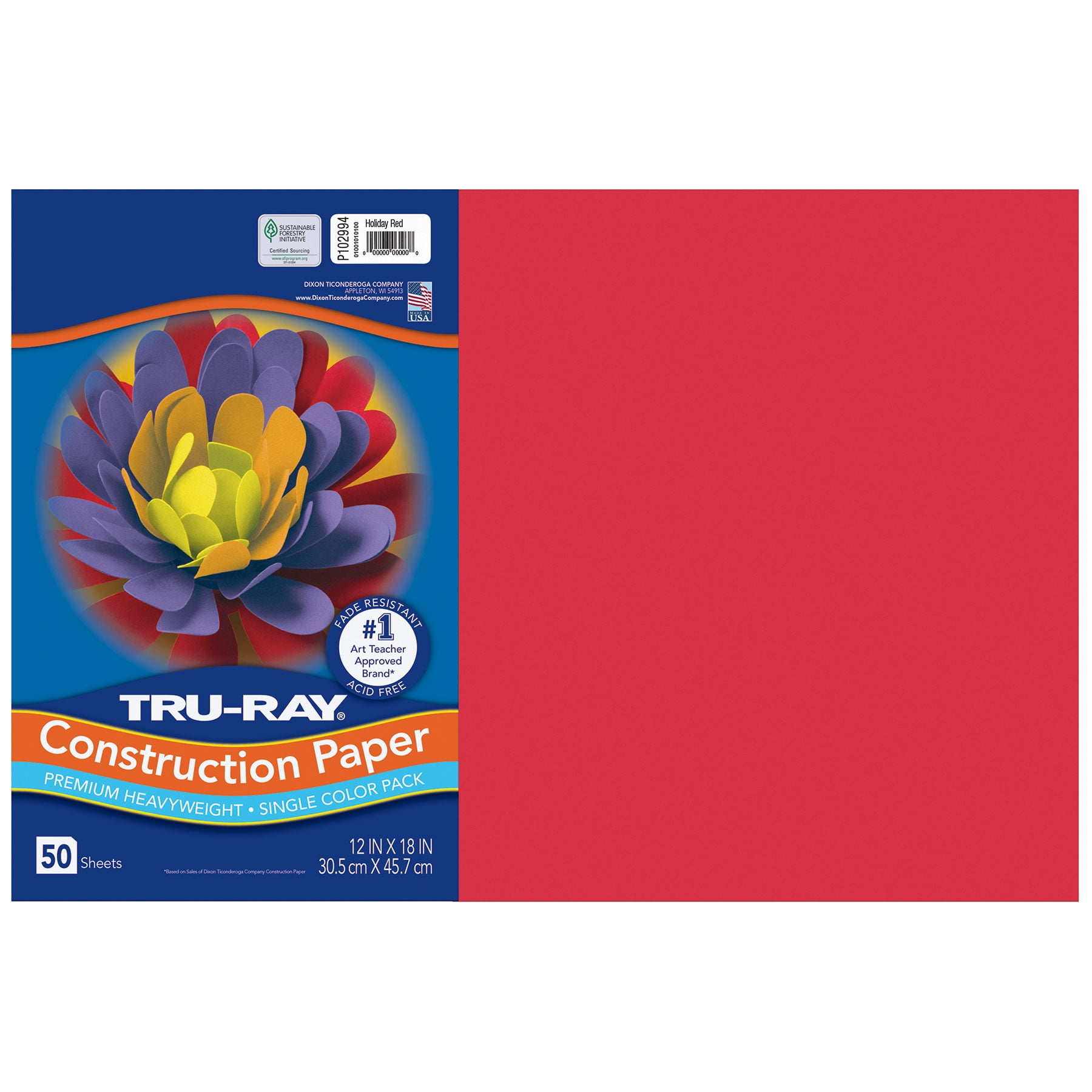 Tru-Ray Construction Paper, Heavyweight, Holiday Red, 12" x 18", 50 Sheets Per Pack, 5 Packs