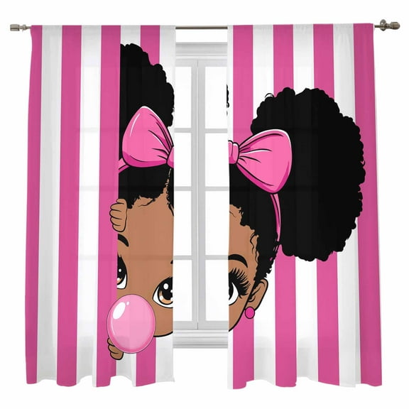 Sheer Curtains 63 inches Long, Cute Girl Pink White Stripe Bow Bubble Vintage Style Light Filtering Sheer Window Curtains Rod Pocket Voile Drapes for Bedroom Living Room, 52"W x 63"L 2 Panels