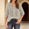 thumbnail image 3 of T Shirts for Women 2026 Summer Vintage Boho 3/4 Sleeve Shirt V Neck Embroidered Casual Tshirt Blouse, 3 of 7