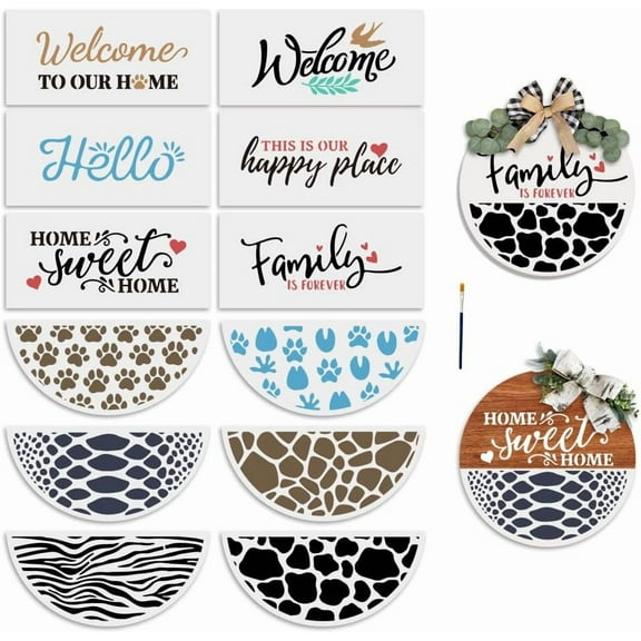 Animal Print Footprints Welcome Stencils - 12pcs Reusable Half Round Stencils - Free Combination Style Home Welcome Letters - Wood Sign and Front Door - Includes Paint Brush DIY Mixed Shapes