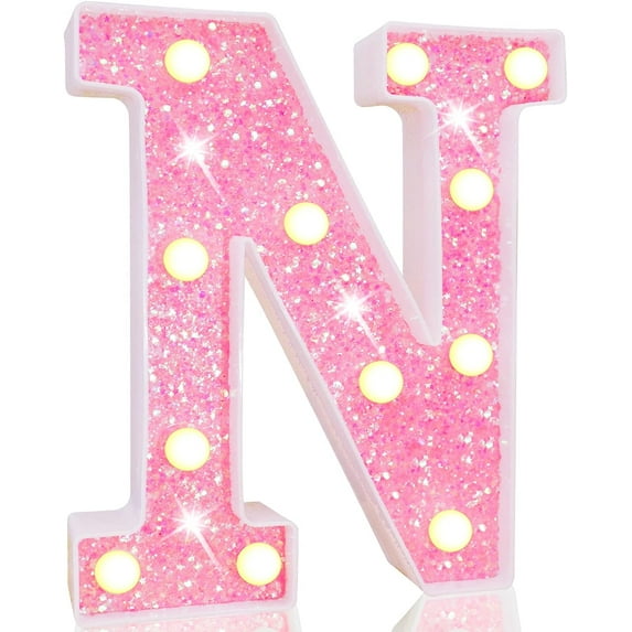LED Marquee Letter Lights, Light Up Pink Letters Glitter Alphabet Letter Sign Battery Powered for Night Light Birthday Party Wedding Girls Baby Gifts Home Christmas Decoration, Pink Letter N