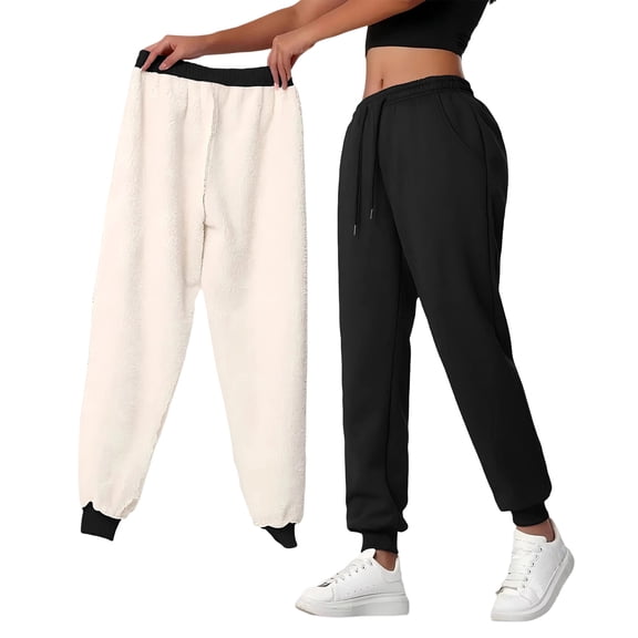 Trendy Womens Fleece Lined Sweatpants Elastic Waisted Drawstring Winter Baggy Lounge Travel Pants Fashion Outfits Joggers Clothes
