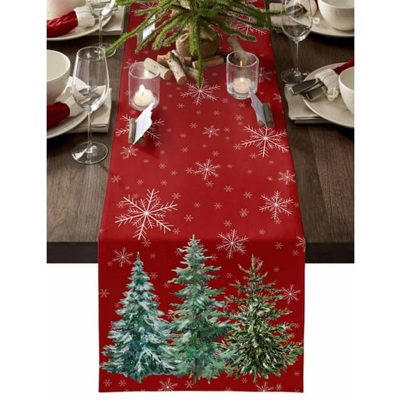 Table Runner Dresser Scarves 70 Inch Long, Christmas Watercolor Green Pine Tree Linen Dining Table Runners Xmas Tree Snowflake on Red Tabletop Scarf for Wedding Holiday Party Kitchen
