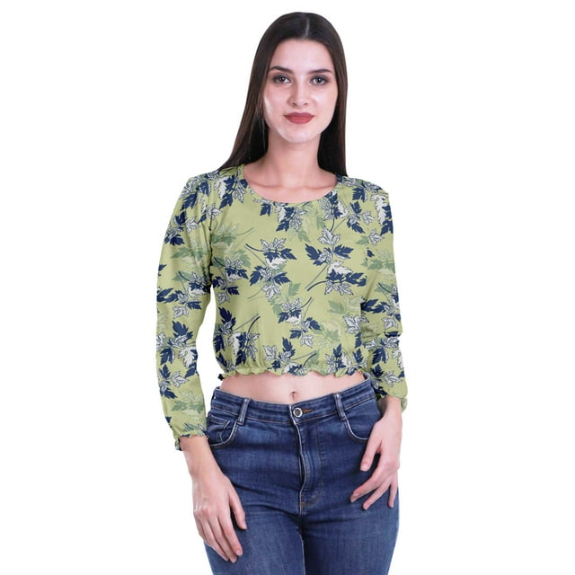 Moomaya T-shirt Court à Manches Longues à Col Rond Imprimé pour Femmes en Jersey de Coton