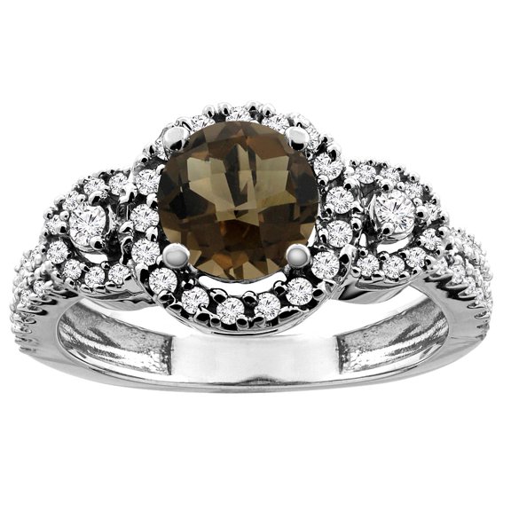 14K White Gold Diamond Halo Natural Smoky Topaz Ring Round 6mm, size 5