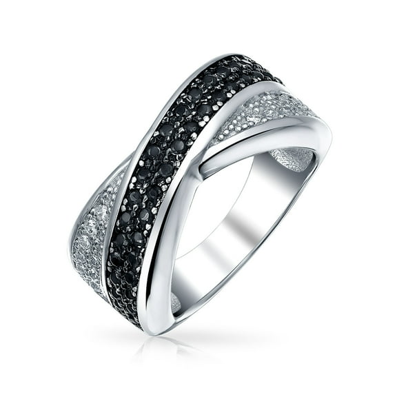 Bling Jewelry Womens Two Tone Black & White CZ Criss-Cross X Band Statement Ring Sterling Silver
