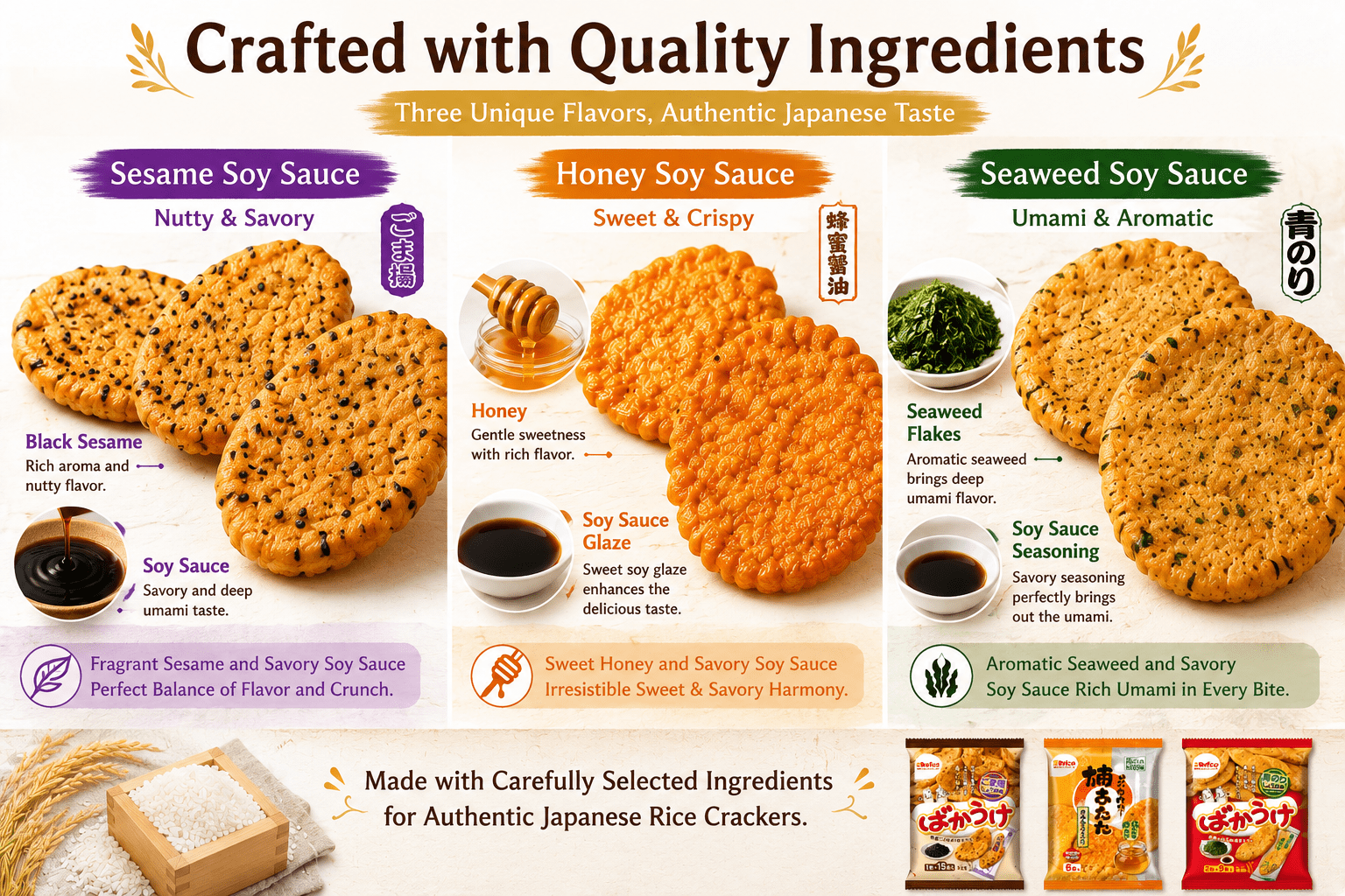 Japanese Rice Crackers Variety Pack, Individually Wrapped Senbei Snacks, Sesame Soy Sauce, Honey Soy Sauce & Seaweed Flavors, Made in Japan, 30 Packs