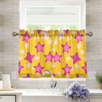 Yayeee Kitchen Curtains Light Filtering 27"x24" Rod Pocket Short Cafe Window Panel, Large Pink Stars