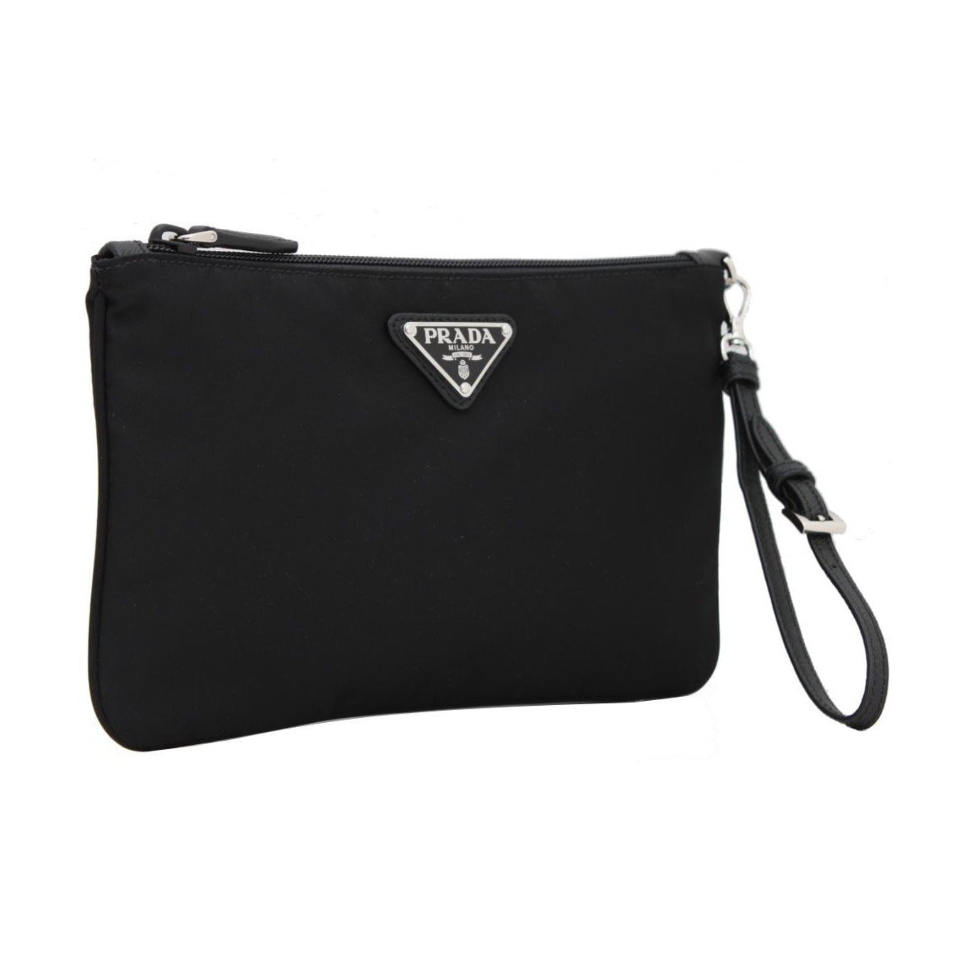 バッグ Prada Tessuto Nylon Accessory Pouch New Prada Tessuto Nylon Wristlet Clutch Pouch Black Triangle Logo