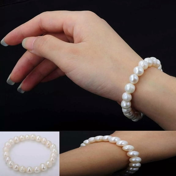 EOEMY Beauty White 8mm Natural Freshwater Pearl Stretch Bracelet Bangle 7.5''