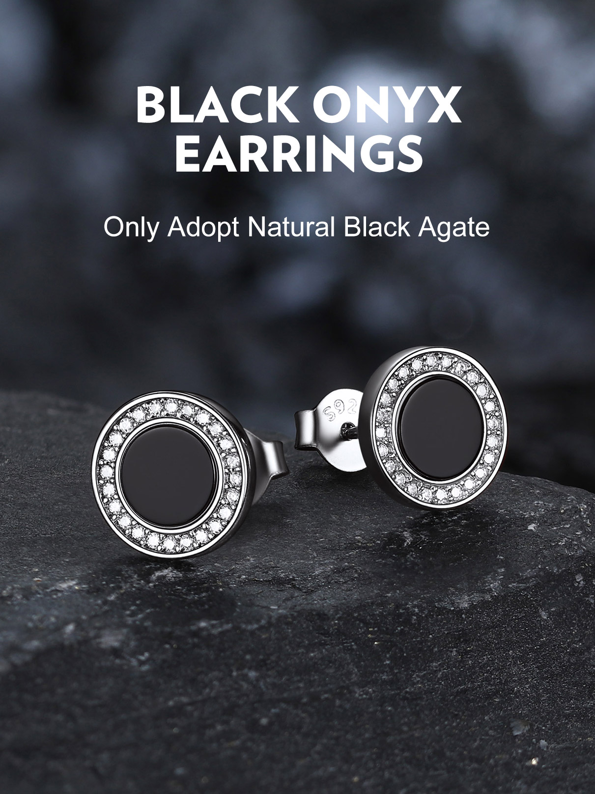 Bandmax 925 Sterling Silver Stud Earrings for Men Women Natural Black Onxy with CZ Ear Studs for Men Gift for Husband Boyfriend Son