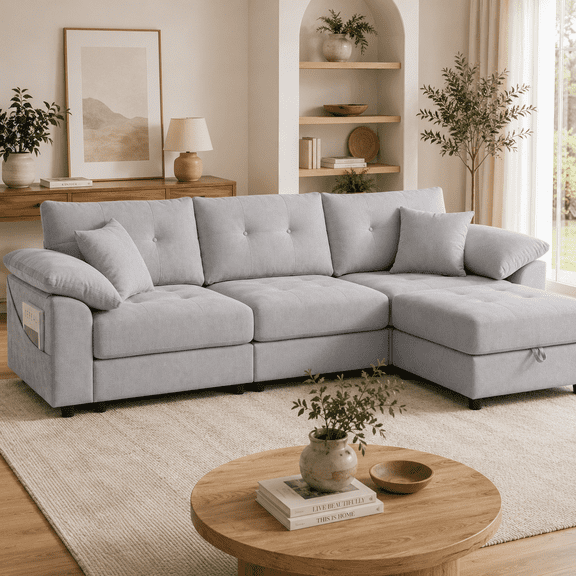 116" Modular Sectional Sofa with Movable Storage Ottoman, 3 Seats L Shape Couch Deep Seat Upholstered Sofa for Modern Living Room, Light Gray