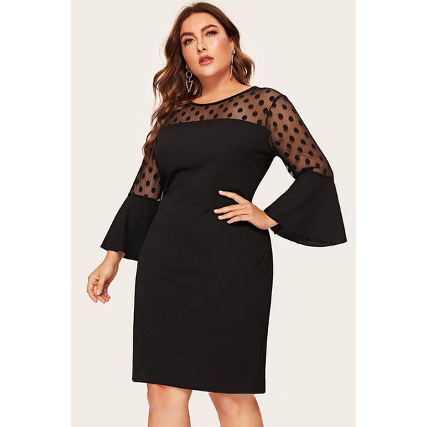 Women's Plus Size Polka Dot Mesh Yoke Flounce Sleeve Split Dress 1X-5X -  Walmart Business Supplies