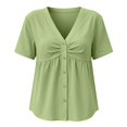 thumbnail image 5 of VJGBEGW Women Deep V Neck Short Sleeve Button Down Peplum Tops Front Ruched Flowy Casual Blouses Shirts Light Green M, 5 of 5