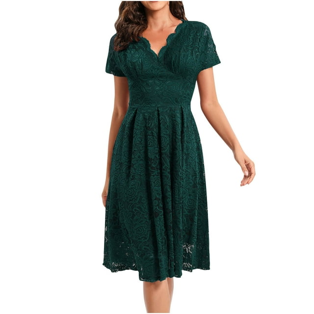 LOVZFMLL Mode Femme Été Manches Courtes Aguichant Décontractée Uni Dentelle Robe à Col en V Vert m
