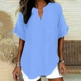 thumbnail image 2 of JSheng Women's Summer Loose Top Fashion Solid Color Casual V-Neck Loose Comfortable Soft T-shirt Blouse Light Blue S, 2 of 5
