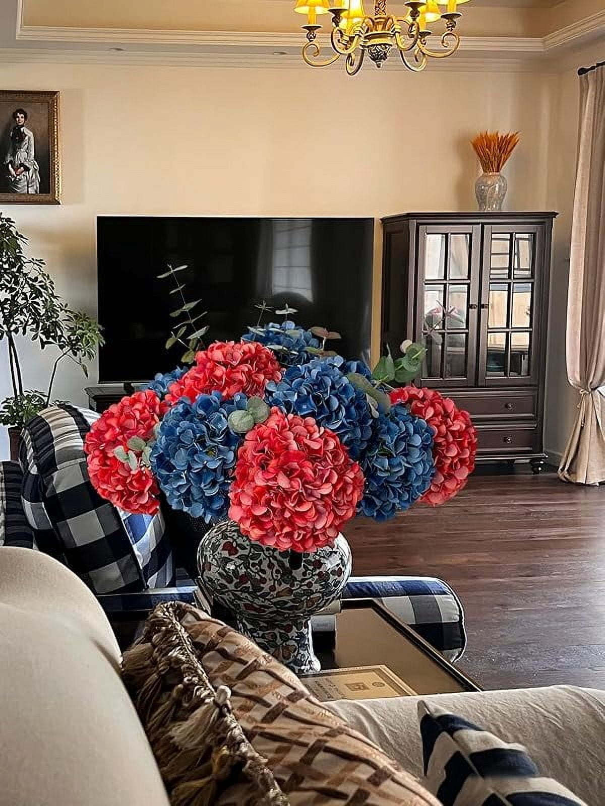 ZYTUYO 5 Pcs Dark Blue Silk Hydrangeas Artificial Flower Boho Dried Touch 20'' Faux for Fall Indoor Home Decor Kitchen Living Room Outdoor Porch Wedding Arrangement