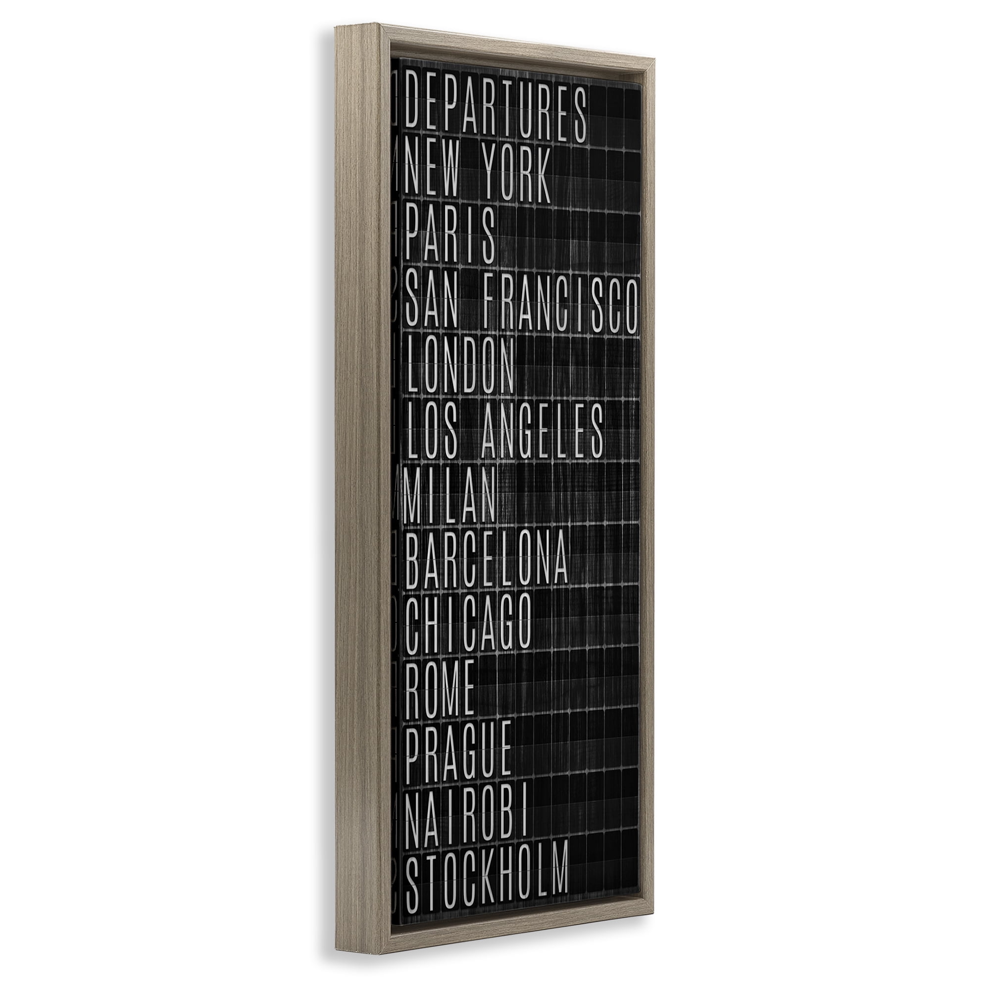 Stupell Industries Airport Departures Major Cities Cities & Countries Painting Brown Floater Framed Canvas Art Print Wall Art, 11 x 25