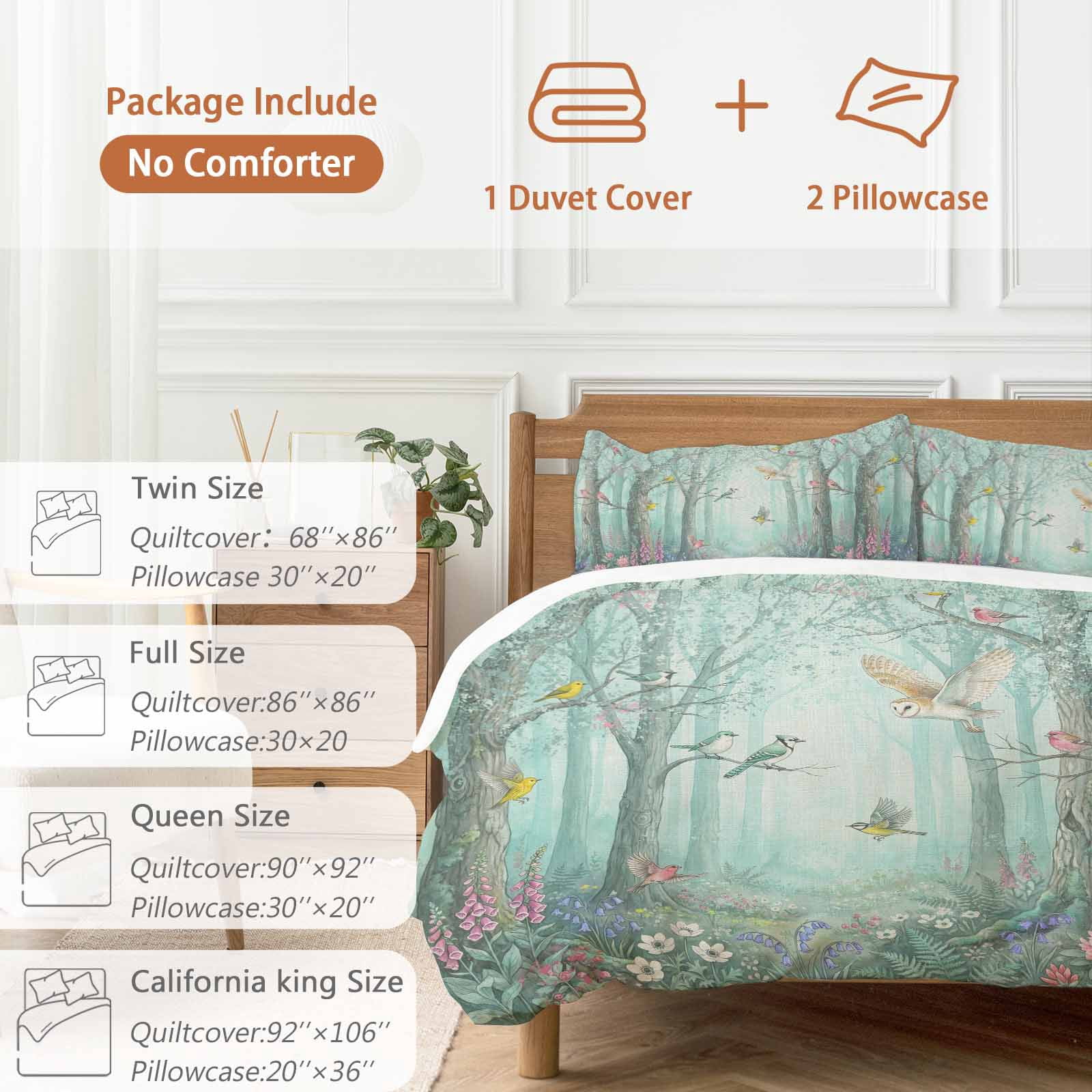 Watercolor Forest Birds Bedding 3 Piece Duvet Cover Set Full Size, Green Trees Seasonal Floral Soft Microfiber Comforter Cover with Zipper Closure & Pillowcases, Wrinkle & FadeResistant Quilt Cover