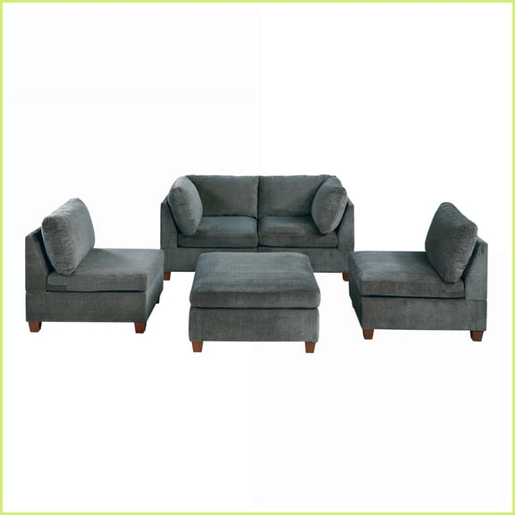 5-Piece Modular Sofa Set with Soft Chenille & Wood Frame – Gray Living Room Sectional | Gray | Chenille | Armless