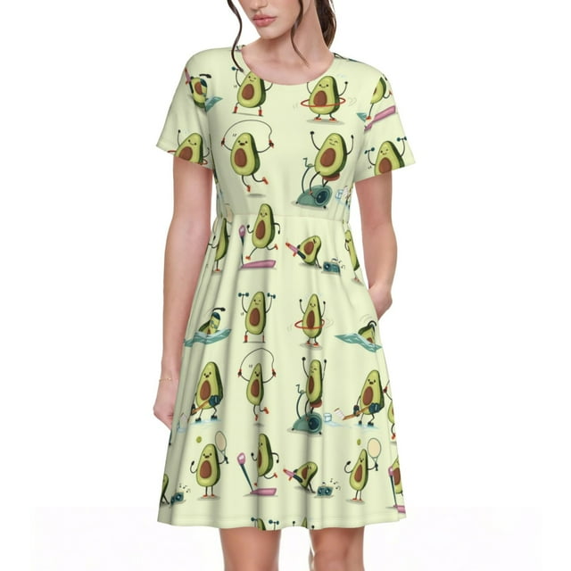 Fotbe Avocado for Exercise Vestido Largo de Moda para Mujer, Vestido Tipo Camiseta con Manga Corta y Estilo Casual a Rayas y Bloques de Color