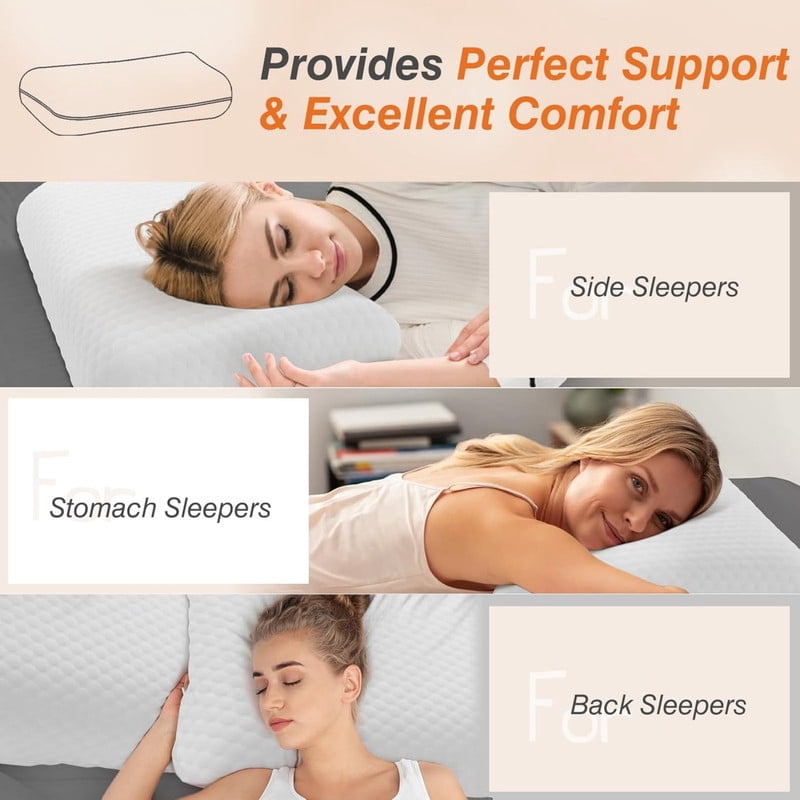 Kelno 2 Pack Memory Foam Pillows Standard Size Cooling Pain Relief Bed Pillow with Washable Cover, White