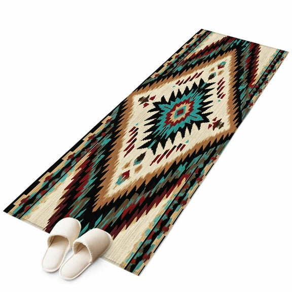 Brown Teal Red Boho Runner Rug 2x6 FT, Non Slip Hallway Carpet, Southwestern Geometric Art Vintage Washable Soft Floor Carpet Throw Runner Carpet Long Rug for Entryway Kitchen Bedside Sliding Door