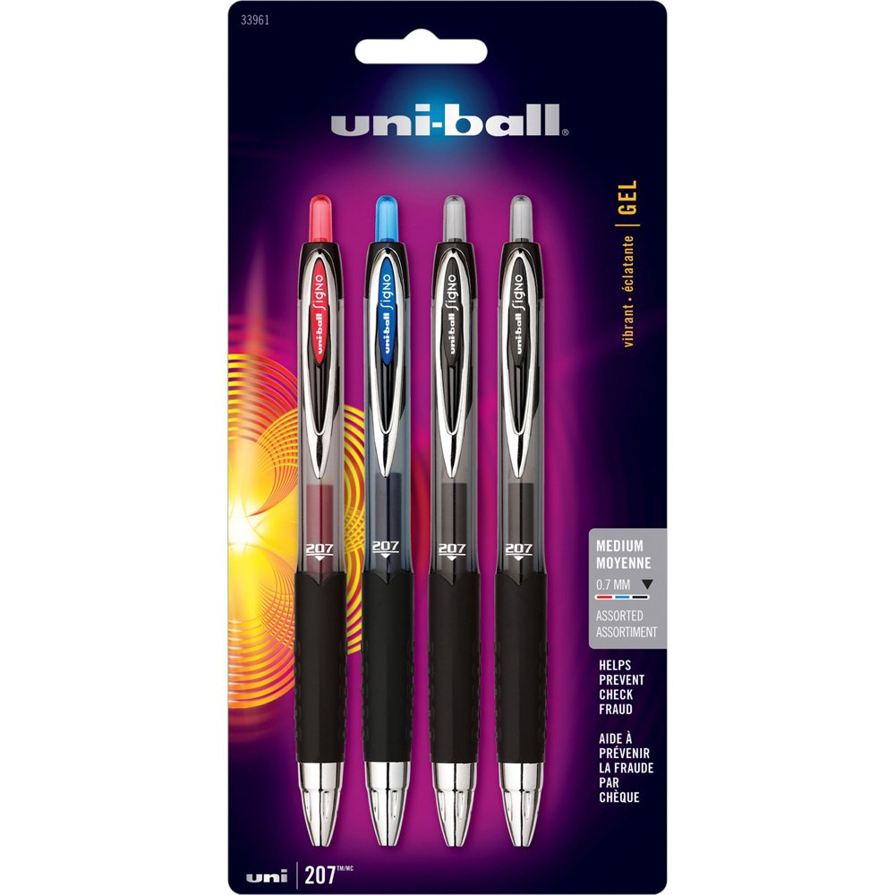 uniball 207 Retractable Gel Pens, Assorted, Medium Point (0.7mm), 4