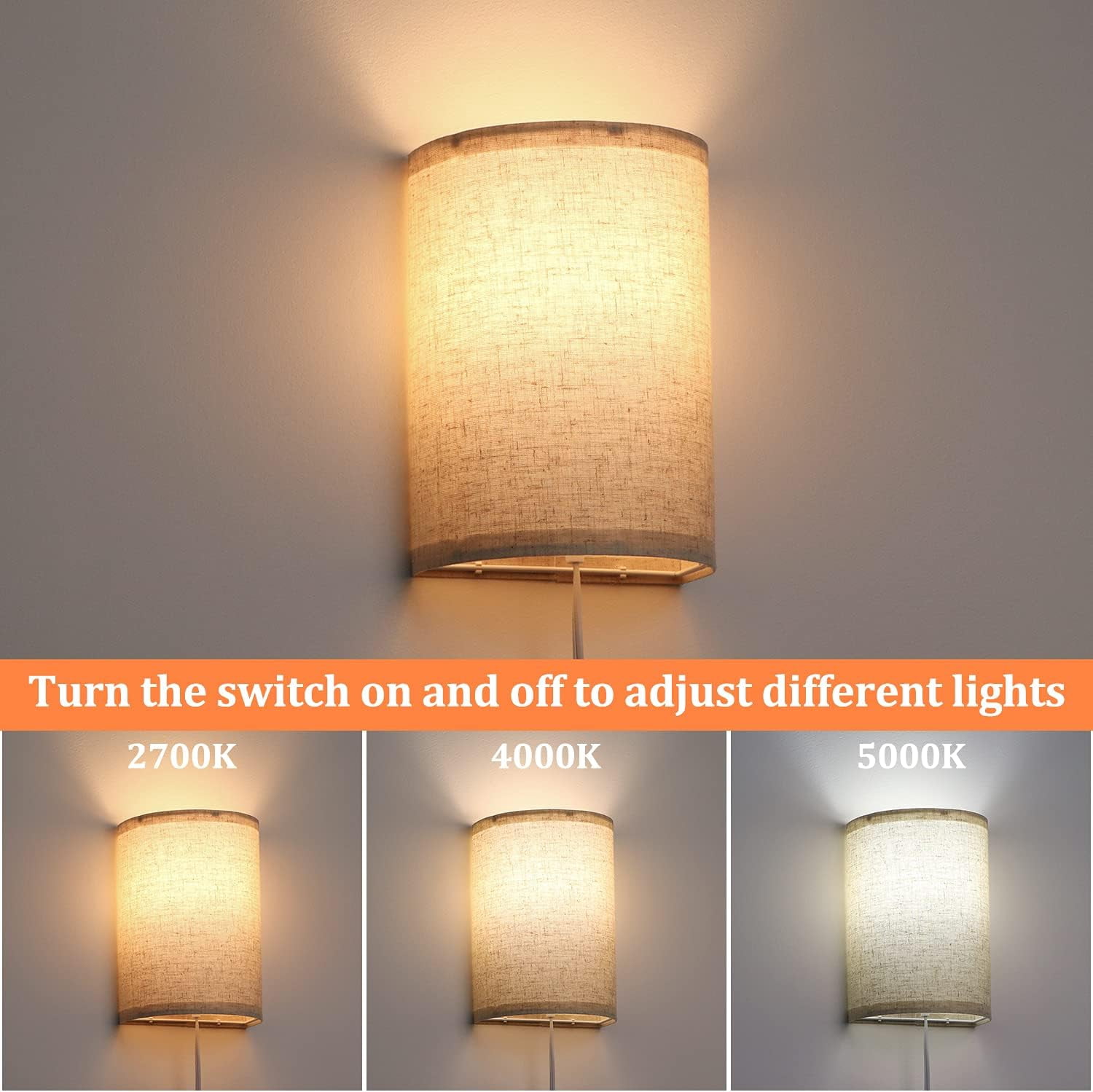CTAnnie Wall Sconces Set of Two, Wall Lamp Plug in with On/Off Switch, 2700K 4000K 5000K Selectable, Wall Lights for Bedroom, Living Room, Wall Decor for Bedroom, Fabric Linen Lamp Shades