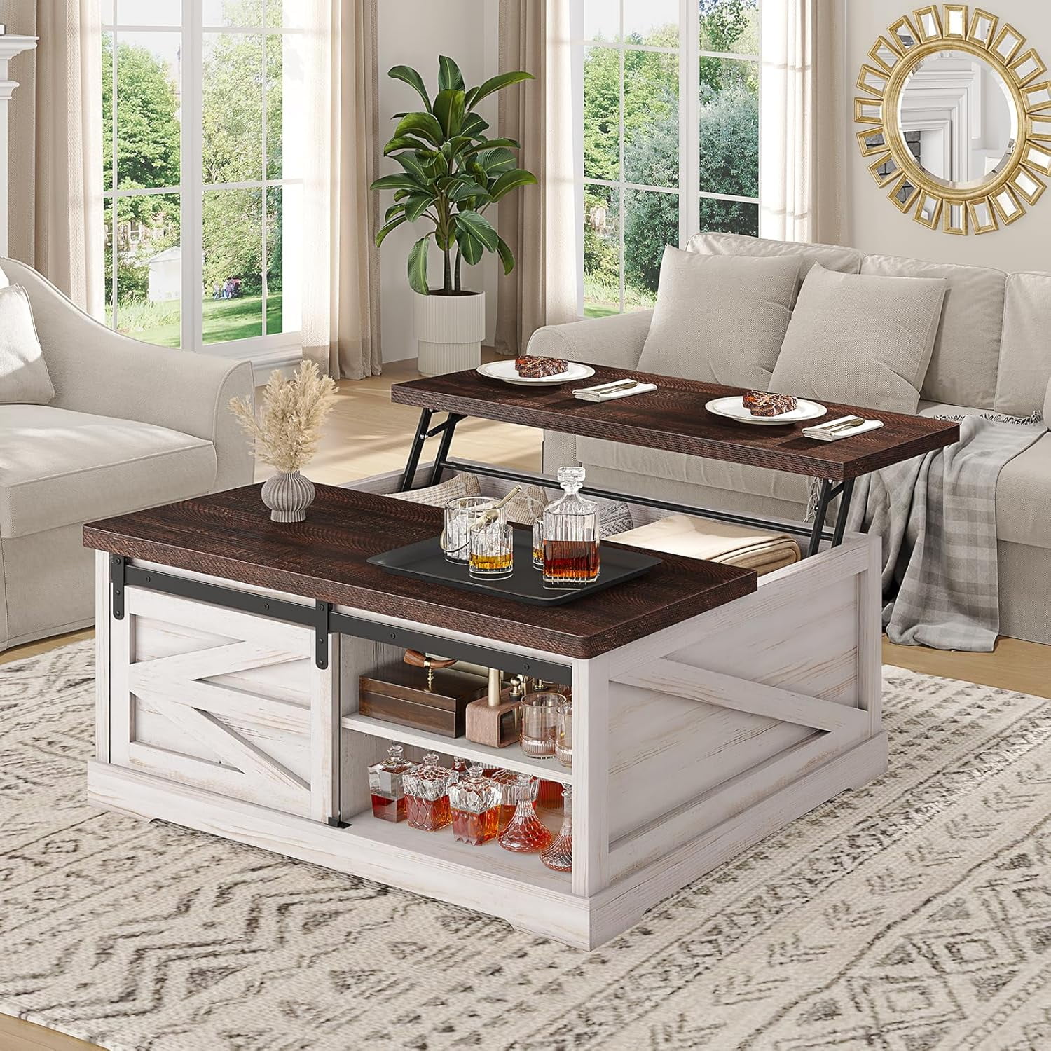 39.4" Lift-Top Coffee Table with Storage, Farmhouse Square Coffee Table with Drawers, Sliding Door and Hidden Storage Compartment, Center Table Gaming Station or Workspacefor Living Room, White