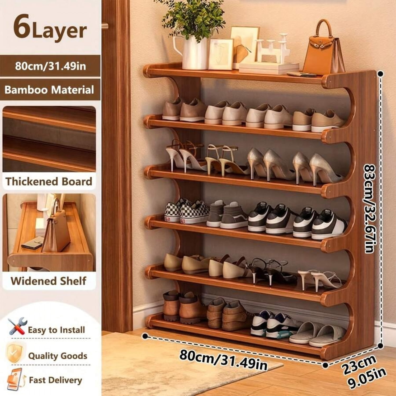 NTGFU Natural Wood Color Wooden Shoe Rack -Stackable Shoe Shelves for Entryway, Closet, Hallway, Mudroom, and Front Door, Space, Easy Assembly Home Storage Supplies for Renters ​ -6 Layers 70 Brown