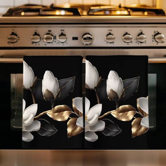 White Floral Kitchen Towels Set of 1, Vintage Country Luxurious Botanical Black Gold Absorbent Dish Towels for Kitchen, Microfiber Hand Towel, Quick Drying Tea Towel for Cleaning Dishcloths