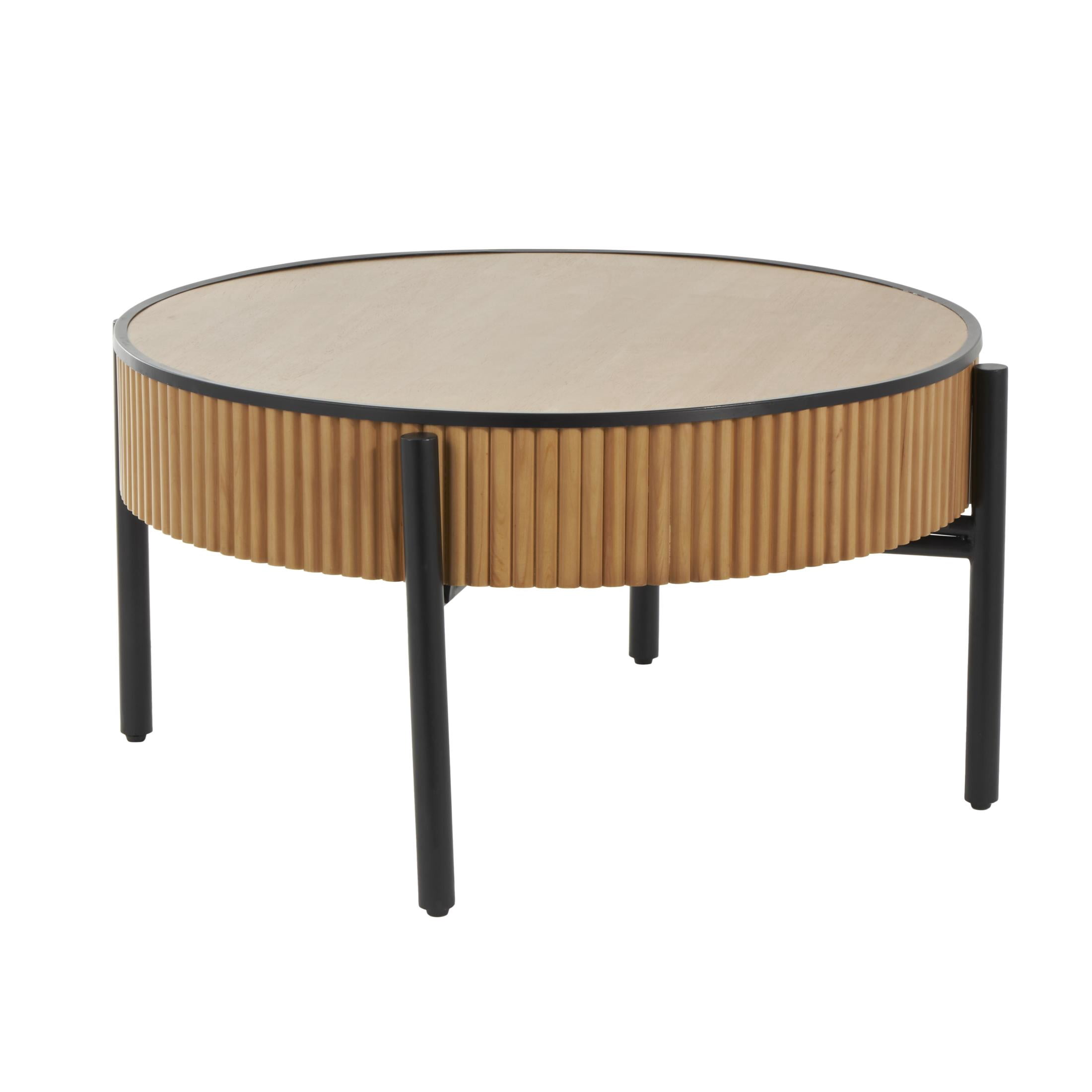 DecMode 32" x 17" Brown Wooden Handmade Slatted Coffee Table with Black Metal Legs, 1-Piece
