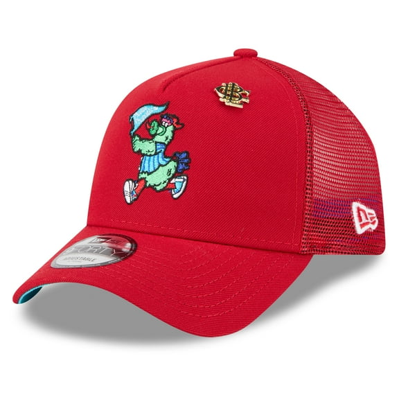 Men's New Era Red Philadelphia Phillies 2025 Big League Chew A-Frame 9FORTY Adjustable Trucker Hat